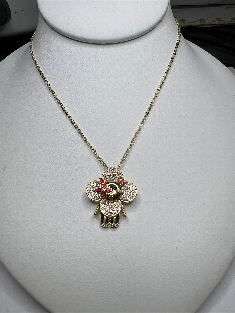 Gold filled Vivienne Flower Pendant Necklace with Pink Accents